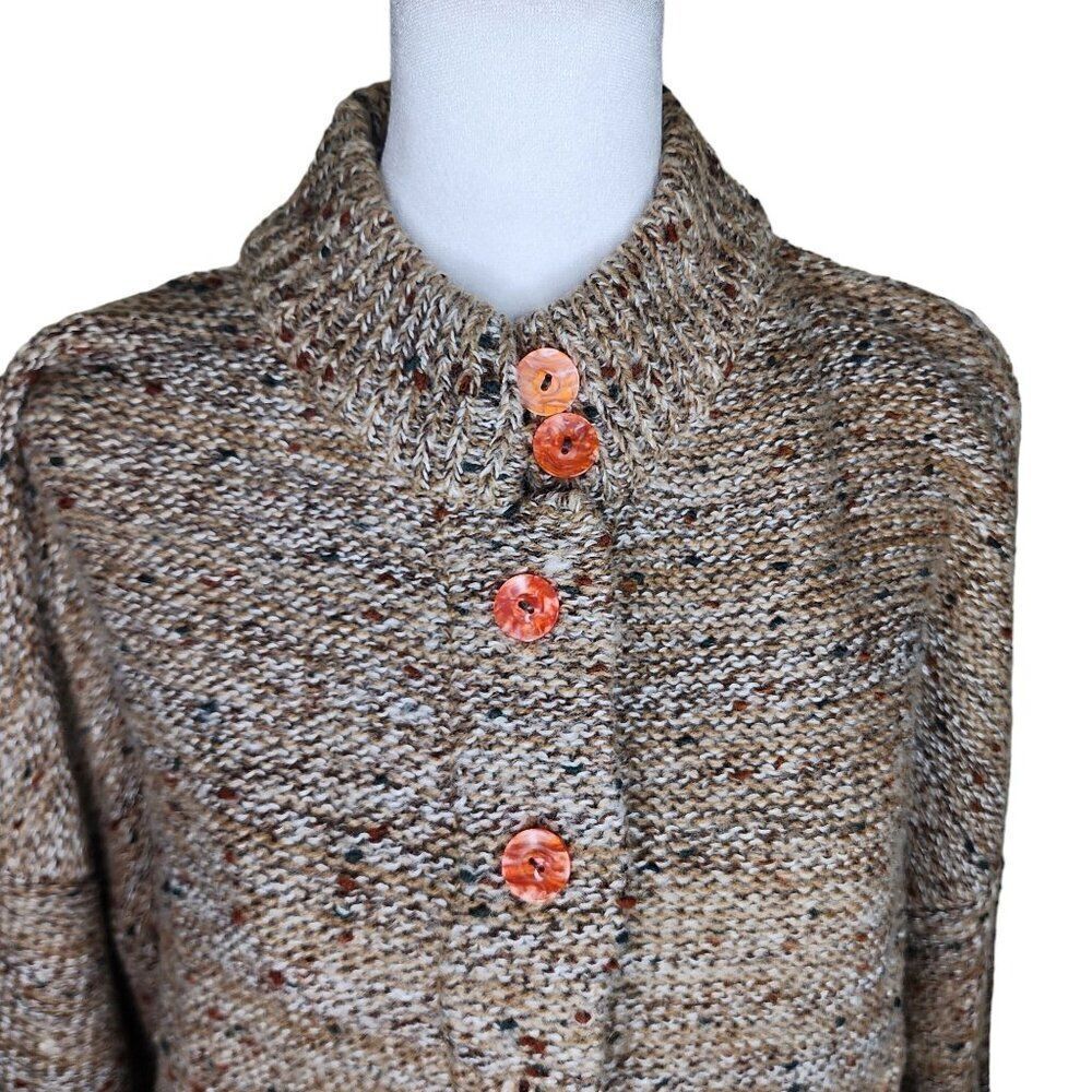 Vintage 80s High Neck Button Up Chunky Knit Sweater Womens Size XL Brown